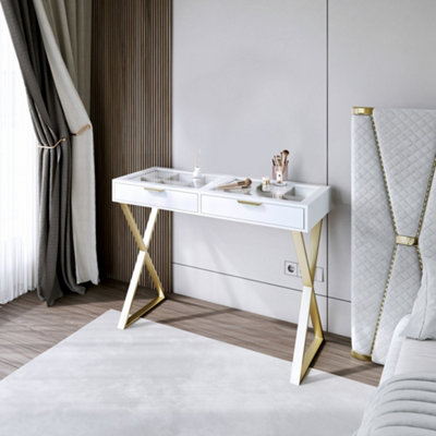white dressing table with gold legs Jess Glasstop 2 Drawers & X-shaped Leg Champagne Gold Gown