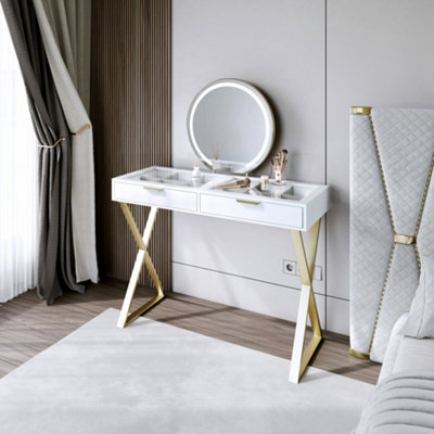 Jess White/Gold Dressing Table with Maisie Touch Sensor LED Mirror