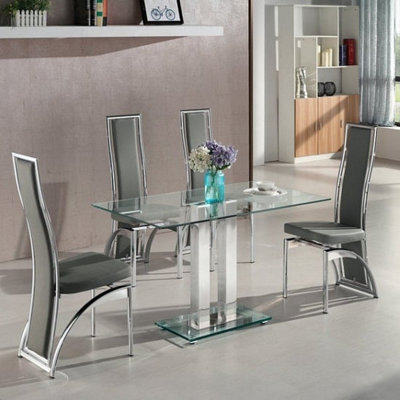 Jet Small Clear Glass Dining Table With 4 Chicago Grey Chairs | DIY at B&Q