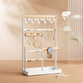 Jewelery Organiser Stand, 4 Tier Earring Organiser Necklace Holder, Jewelery Display Stand Holder with Metal Storage Tray, White