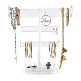Jewellery Organiser - Clear Acrylic 3 Layer Necklace, Bracelet, Ring & Earring Holder Stand - Measures H28 x W26 x D9.5cm