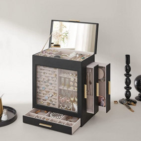 Jewellery Storage Box 5-Layer Black Jewellery Organiser with 3 Side Drawer and Glass Window
