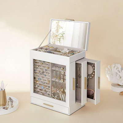Jewellery Storage Box 5-Layer White Jewellery Organiser with 3 Side ...