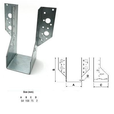 Jiffy Timber Joist Hangers Decking Lofts Roofing Zinc Packs - Size 64x158x75x2mm - Pack of 10