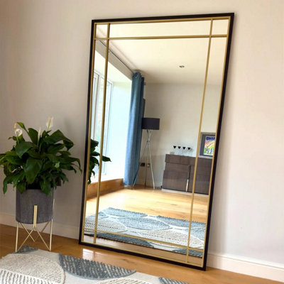 Jobu home - Aimi - Full Length Black & Gold Metal Rectangle Window Mirror - 180cm x 105cm