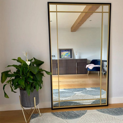 Jobu home - Aimi - Full Length Black & Gold Metal Rectangle Window Mirror - 180cm x 105cm