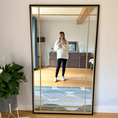 Jobu home - Aimi - Full Length Black & Gold Metal Rectangle Window Mirror - 180cm x 105cm