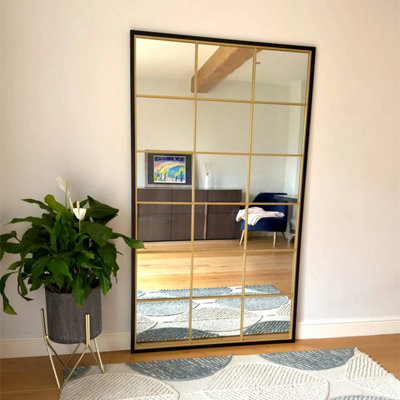 Jobu home - Kyo - Full Length Black & Gold Metal Rectangle Lattice Grid Mirror - 180cm x 105cm