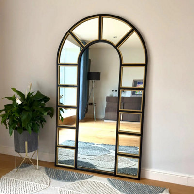 Jobu home - Mio - Full Length Black & Gold Metal Arched Window Mirror - 180cm x 105cm