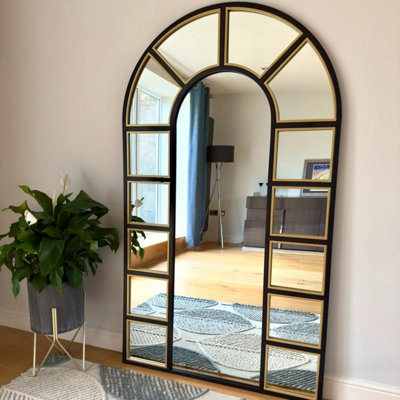 Jobu home - Mio - Full Length Black & Gold Metal Arched Window Mirror - 180cm x 105cm