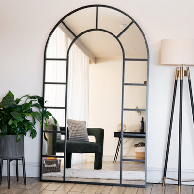 Jobu home - Mio - Full Length Black Metal Arched Window Mirror - 180cm x 90cm