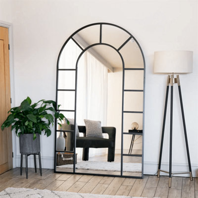 Jobu home - Mio - Full Length Black Metal Arched Window Mirror - 200cm x 120cm