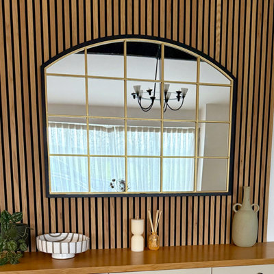 Jobu home - Tomi - Black & Gold Metal Arched Lattice Window Mirror - 95cm x 120cm