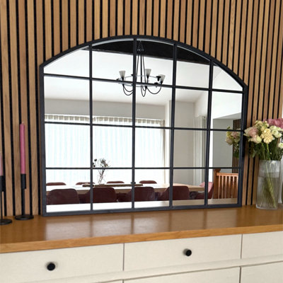 Jobu home - Tomi - Black Metal Arched Lattice Window Mirror - 95cm x 120cm