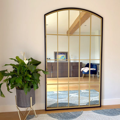 Jobu home - Tomi - Full Length Black & Gold Metal Arched Lattice Window Mirror - 180cm x 105cm