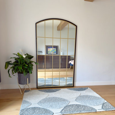 Jobu home - Tomi - Full Length Black & Gold Metal Arched Lattice Window Mirror - 180cm x 105cm
