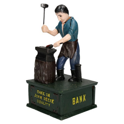 John Deere Man Moving Money Bank Box Cast Iron Coin Change Jar