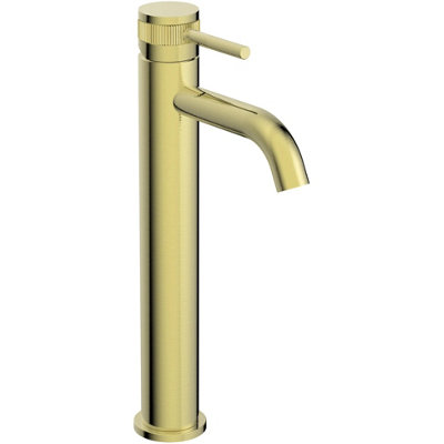 Joseph Miles Zeal Tall Basin Mixer Tap - Curved Spout - Brushed Brass - Fluted Stick Handle