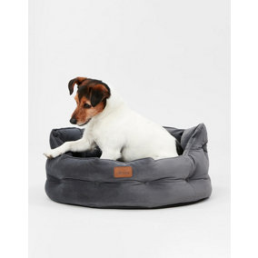 Joules Chesterfield Dog Bed, Grey, Soft Velvet Fabric, Thickly padded, Machine Washable, 50cm Diameter, Small