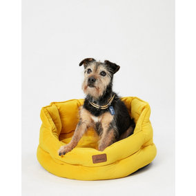 Joules Chesterfield Dog Bed, Yellow, Soft Velvet Fabric, Thickly padded, Machine Washable, 50cm Diameter, Small
