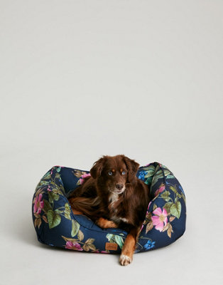 Joules Navy Botanical Floral Print Box Bed for Dogs, Soft Velvet