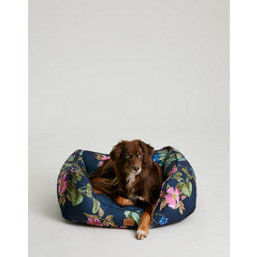 Joules Navy Botanical Floral Print Box Bed for Dogs, Soft Velvet, Reversible cushion, Machine Washable, 69cm x 52cm, Medium