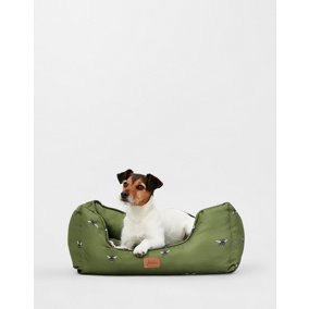 Joules Olive Bee Print Box Bed for Dogs, Soft Velvet, Reversible cushion, Machine Washable, 55cm x 42cm, Small