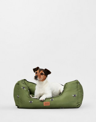 Joules Olive Bee Print Box Bed for Dogs, Soft Velvet, Reversible
