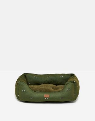 Joules Olive Bee Print Box Bed for Dogs, Soft Velvet, Reversible cushion, Machine Washable, 80cm x 62cm, Large