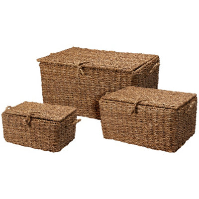JSH Rectangular Wicker Storage Baskets Set of 3 Natural Woven