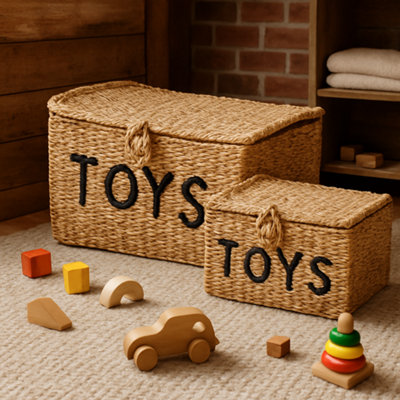 JSH Storage Toy Baskets 39cm Set of 2 Natural Seagrass and Jute Home Organiser Boxes Wicker Kids Toys Blankets Towels Play Room