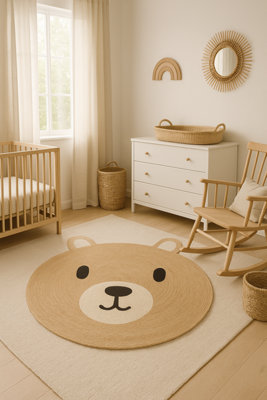 JSH Teddy Bear Rug Round Woven Natural Seagrass and Jute Cute Home ...