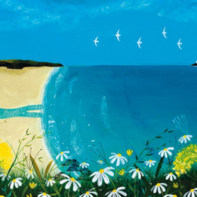 Julia Crossland Beach Framed Canvas Print Blue/Beige/Green (30cm x 30cm)