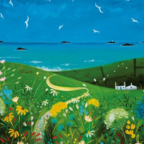 Julia Crossland Summer Cottage Framed Canvas Print Green/Blue/Yellow (30cm x 30cm)