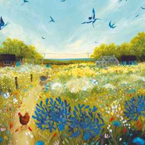Julia Crossland Summer Meadow Framed Canvas Print Blue/Green (30cm x 30cm)