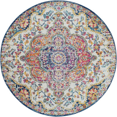JULIA Round Vintage Traditional Oriental Boho Pink/Saffron Area Rug 200 x 200 cm