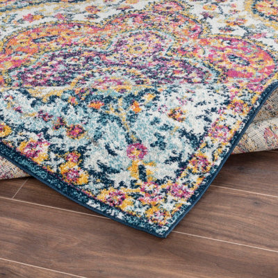 JULIA Round Vintage Traditional Oriental Boho Pink/Saffron Area Rug 200 x 200 cm