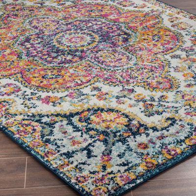 JULIA Round Vintage Traditional Oriental Boho Pink/Saffron Area Rug 200 x 200 cm