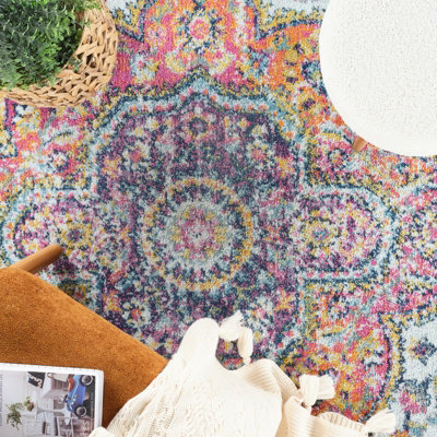JULIA Round Vintage Traditional Oriental Boho Pink/Saffron Area Rug 200 x 200 cm