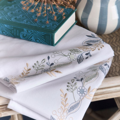 Julianna Embroidery 100% Cotton Embroidered Floral White Duvet Cover Set
