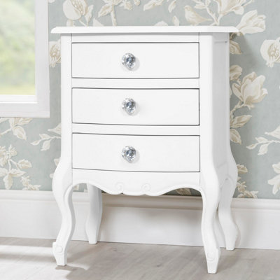 Juliette White Shabby Chic 3 Drawer Shabby Chic Bedside Table with Crystal Handles
