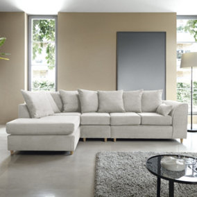 Jumbo Large White Cord Left Facing Corner Sofa for Living Room with Thick Luxury Deep Filled Cushioning