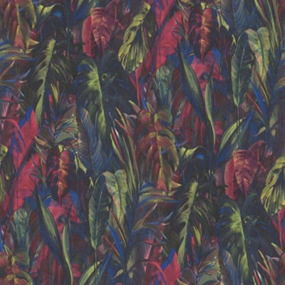 Jungle Palm Leaf Multicoloured Double Roll Textured Vinyl Wallpaper Red Green