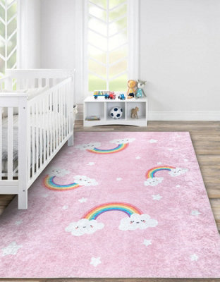 JUNIOR 52063.802 washing carpet Rainbow, clouds for children anti-slip - pink  140x190 cm