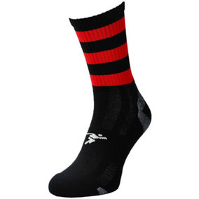 JUNIOR Size 12-2 Hooped Stripe Football Crew Socks BLACK/RED Training Ankle