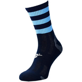 JUNIOR Size 12-2 Hooped Stripe Football Crew Socks NAVY/SKY BLUE Training Ankle