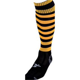 JUNIOR Size 12-2 Hooped Stripe Football Socks - BLACK/AMBER - Contoured Ankle