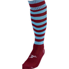 JUNIOR Size 12-2 Hooped Stripe Football Socks - MAROON/SKY BLUE Contoured Ankle