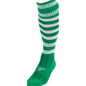 JUNIOR Size 3-6 Hooped Stripe Football Socks - GREEN/WHITE Contoured Ankle