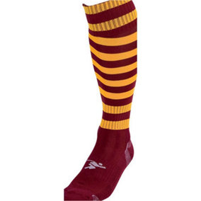 JUNIOR Size 3-6 Hooped Stripe Football Socks - MAROON/AMBER - Contoured Ankle